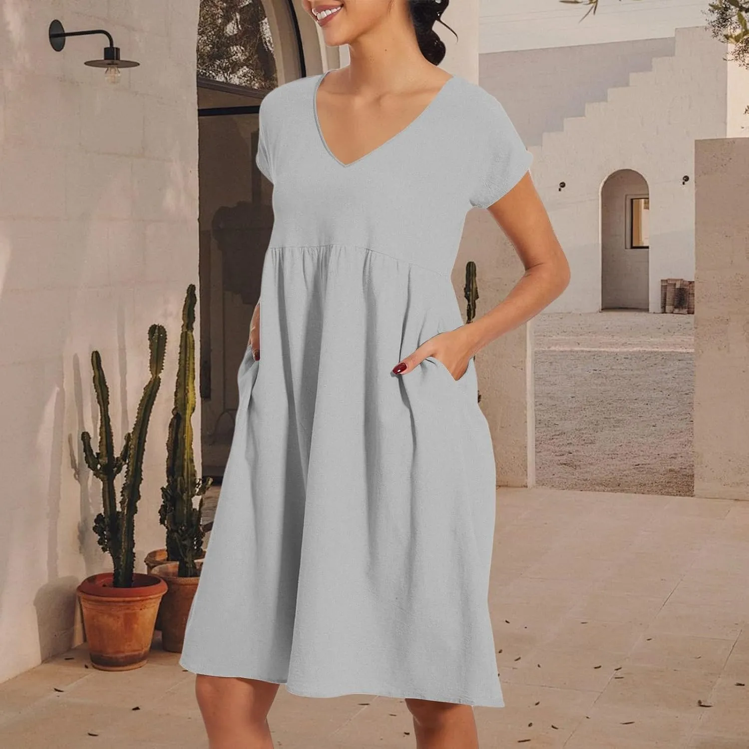 Women's Summer Dresses 2025 Beach Casual Deep V Neck Loose Short Sleeve Mini Sundress with Pockets