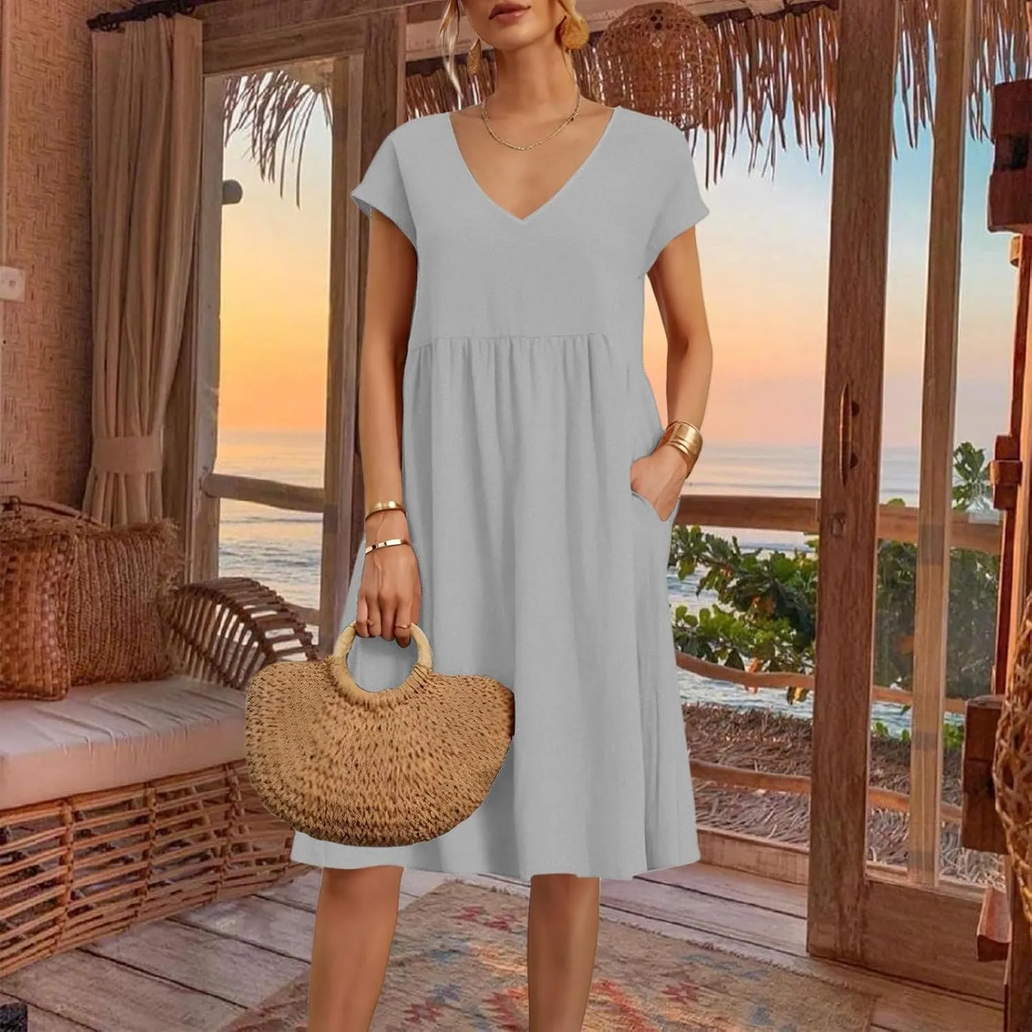 Women's Summer Dresses 2025 Beach Casual Deep V Neck Loose Short Sleeve Mini Sundress with Pockets