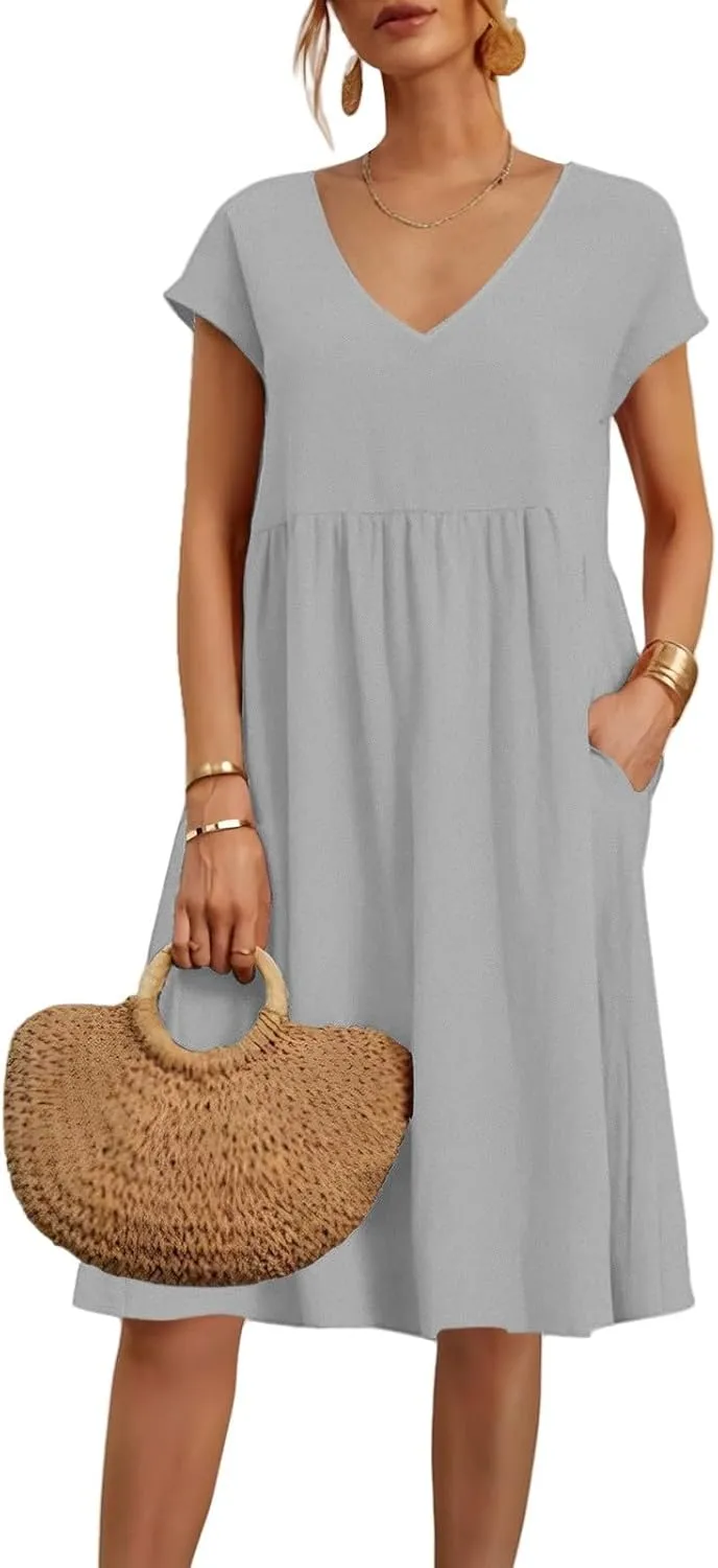 Women's Summer Dresses 2025 Beach Casual Deep V Neck Loose Short Sleeve Mini Sundress with Pockets