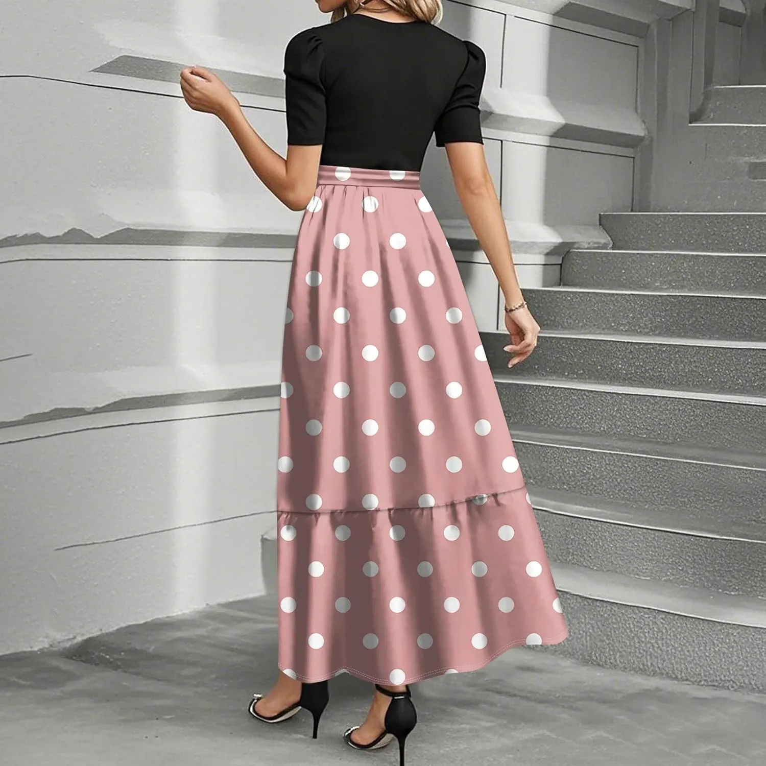 Womens Summer Dresses 2025 Casual Short Sleeve Sundress Beach Vacation Polka dot Print Splicing Short Dresses