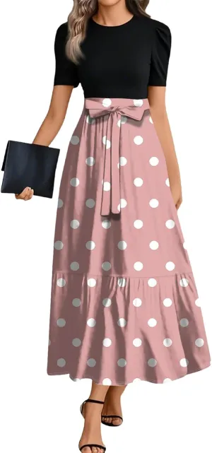 Womens Summer Dresses 2025 Casual Short Sleeve Sundress Beach Vacation Polka dot Print Splicing Short Dresses