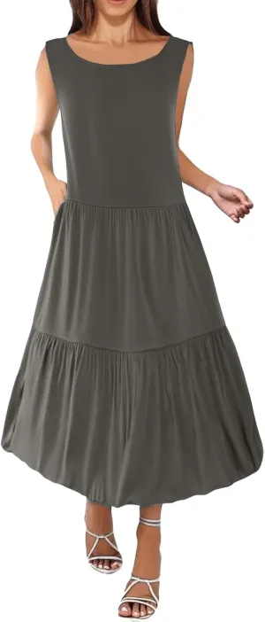 Women's Summer Sleeveless Maxi Sundress Swing Casual Flowy Tiered Shirts Dress Beach Travel Vacation Outfits