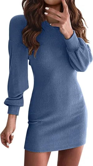 Womens Sweater Dress Sexy Crewneck Long Sleeve Tie Back Dress Thin Cable Knit Mini Sundresses Plus Size Fall Winter Jumper