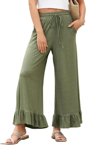 Womens Wide Leg Pants High Wasited Flowy Ruffle Hem Palazzo Pants Comfy Cotton Beach Pants Casual Culottes w/Pockets