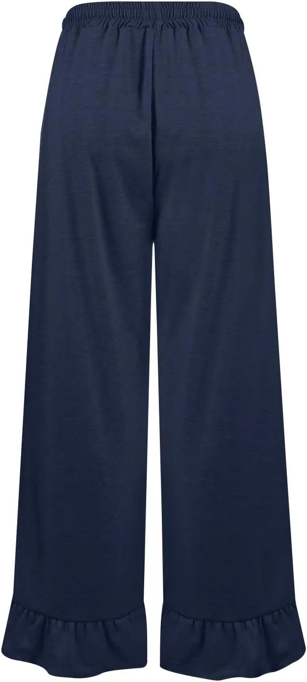 Womens Wide Leg Pants High Wasited Flowy Ruffle Hem Palazzo Pants Comfy Cotton Beach Pants Casual Culottes w/Pockets