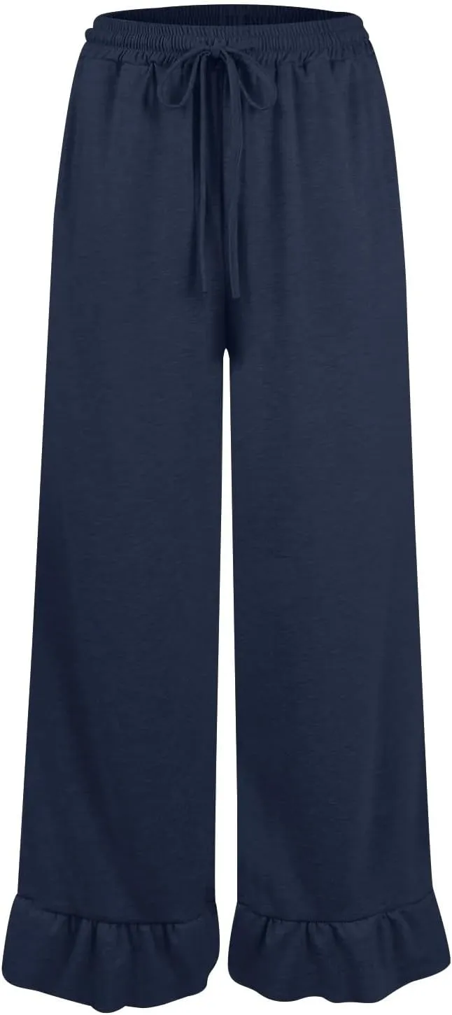 Womens Wide Leg Pants High Wasited Flowy Ruffle Hem Palazzo Pants Comfy Cotton Beach Pants Casual Culottes w/Pockets