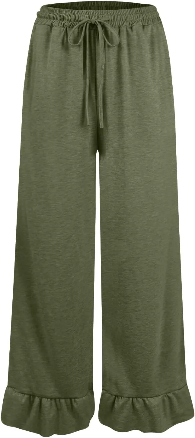 Womens Wide Leg Pants High Wasited Flowy Ruffle Hem Palazzo Pants Comfy Cotton Beach Pants Casual Culottes w/Pockets