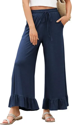 Womens Wide Leg Pants High Wasited Flowy Ruffle Hem Palazzo Pants Comfy Cotton Beach Pants Casual Culottes w/Pockets