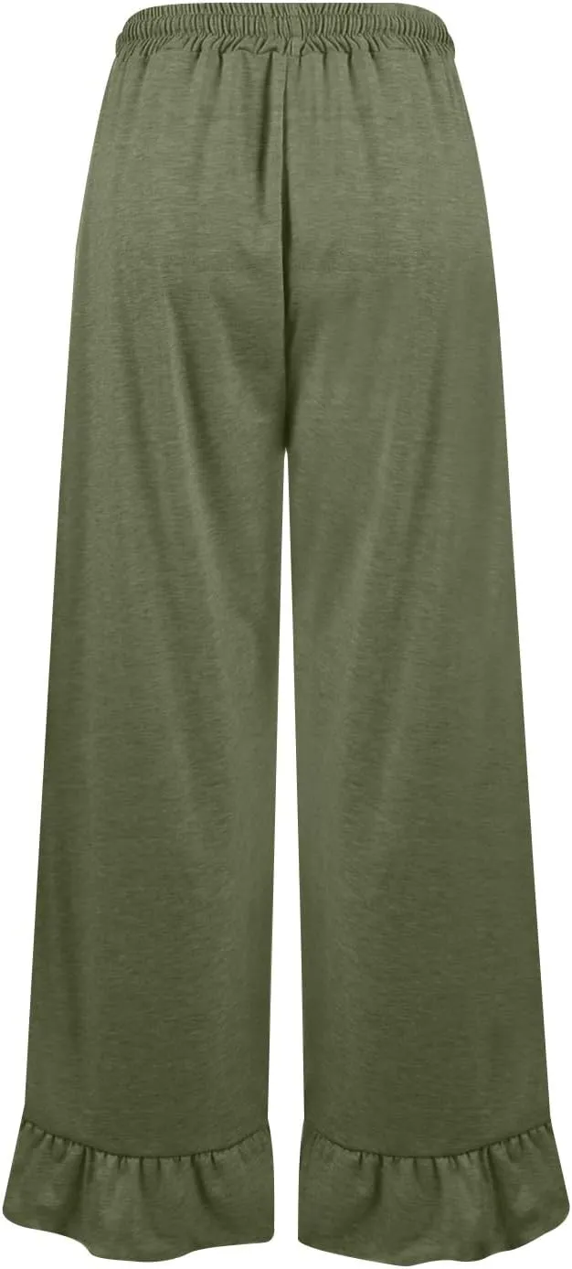 Womens Wide Leg Pants High Wasited Flowy Ruffle Hem Palazzo Pants Comfy Cotton Beach Pants Casual Culottes w/Pockets