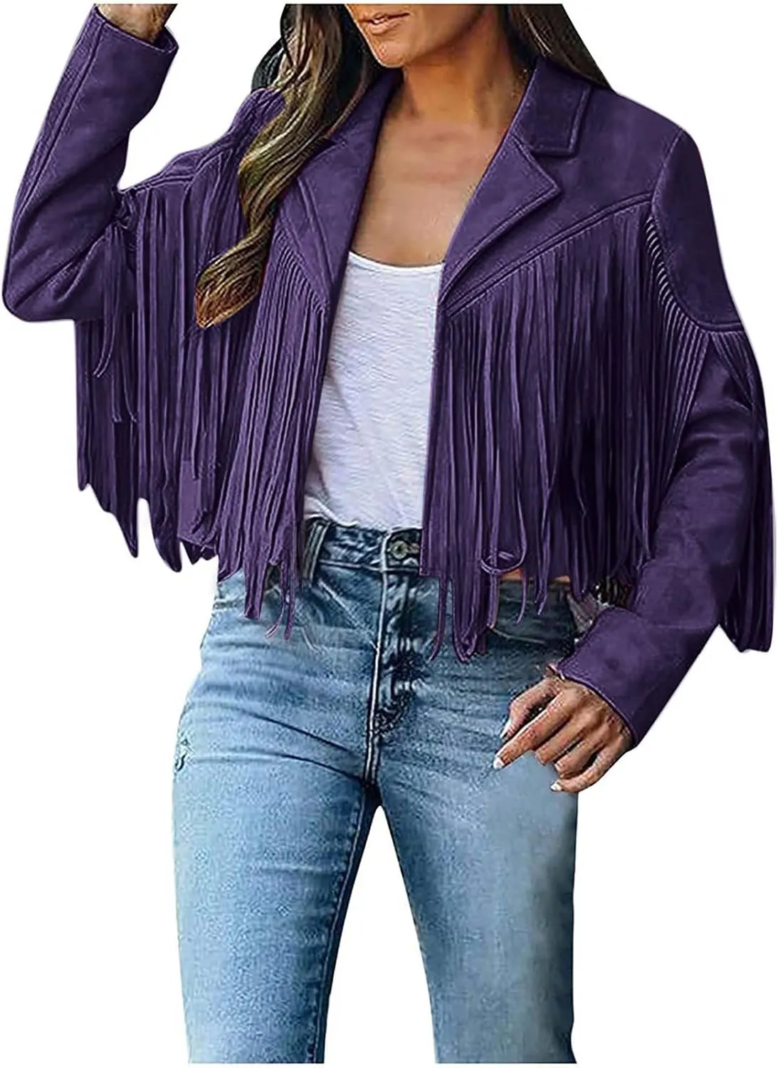 Xiaojmake Women's Fringe Jackets Faux Suede Leather Jackets Tassel Motorcycle Cropped Coats Lapel Open Front Blazer Jacket