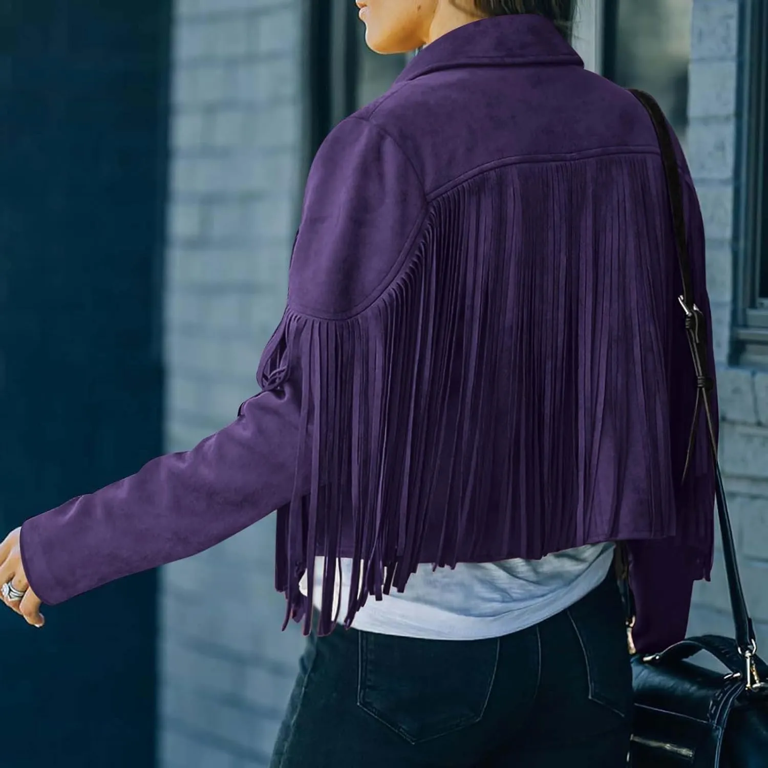 Xiaojmake Women's Fringe Jackets Faux Suede Leather Jackets Tassel Motorcycle Cropped Coats Lapel Open Front Blazer Jacket