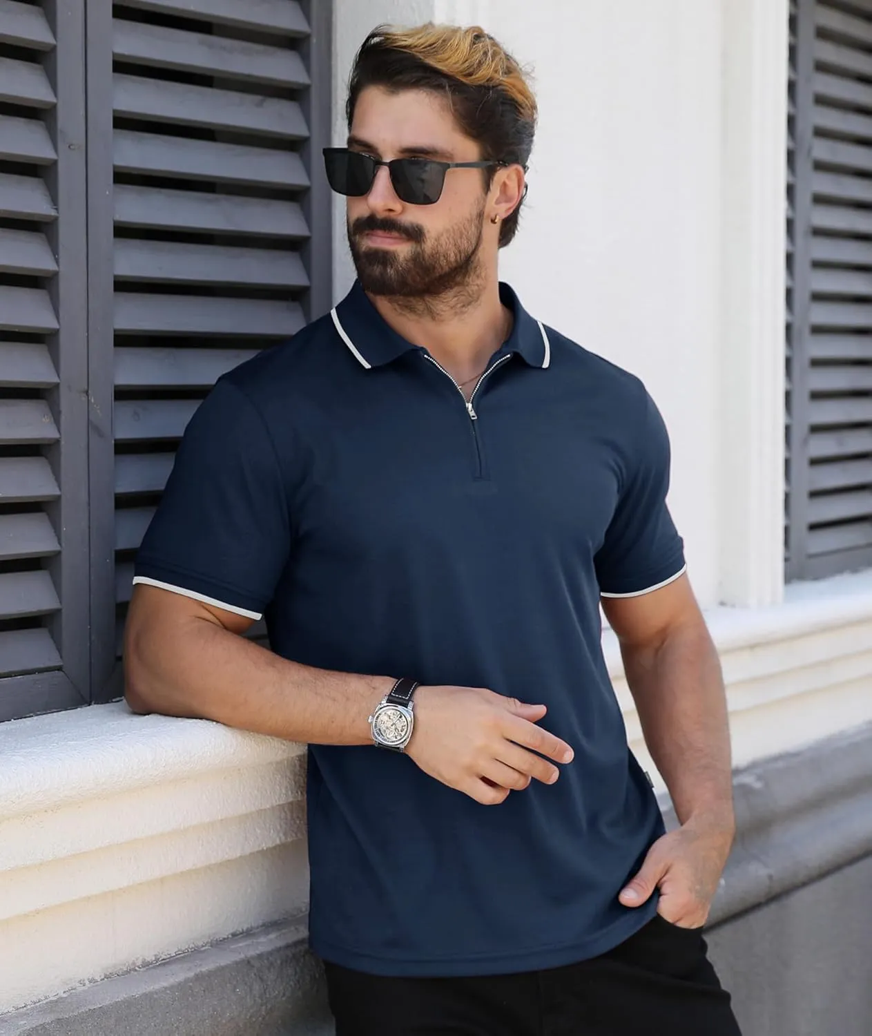 ZITY Polo Shirts for Men Quarter Zip Casual Shirts Short Sleeve Moisture Wicking Golf Polo Collared Shirts
