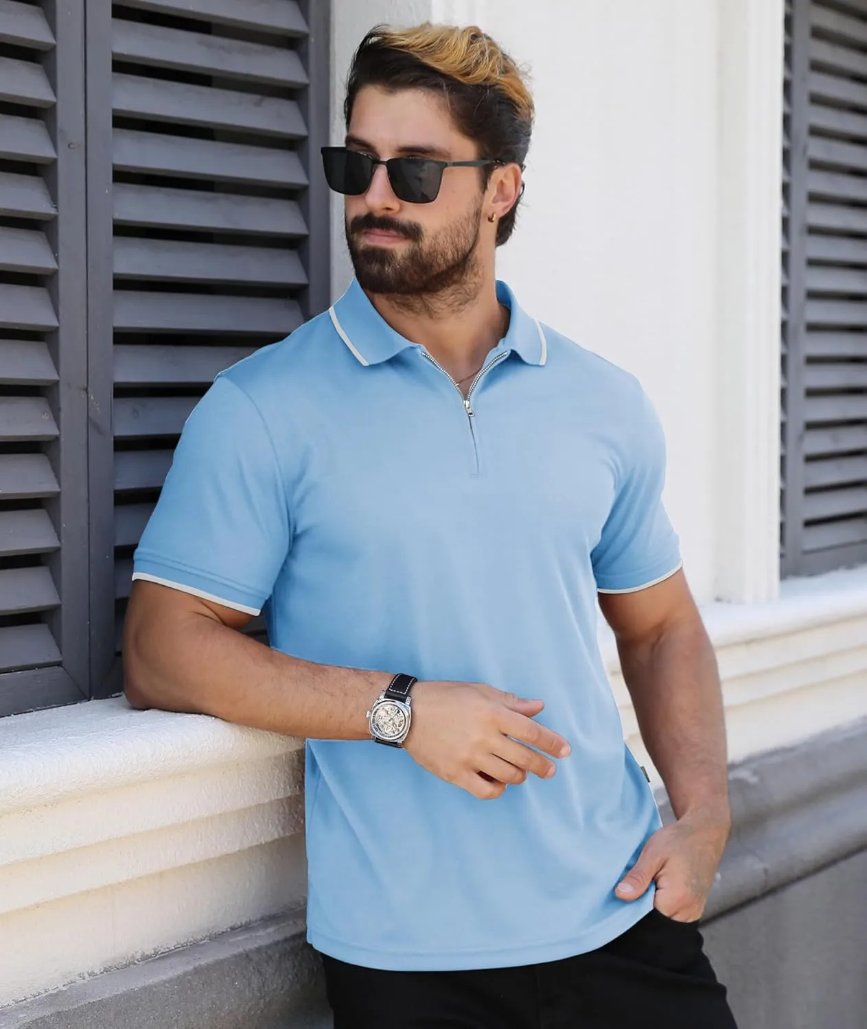 ZITY Polo Shirts for Men Quarter Zip Casual Shirts Short Sleeve Moisture Wicking Golf Polo Collared Shirts