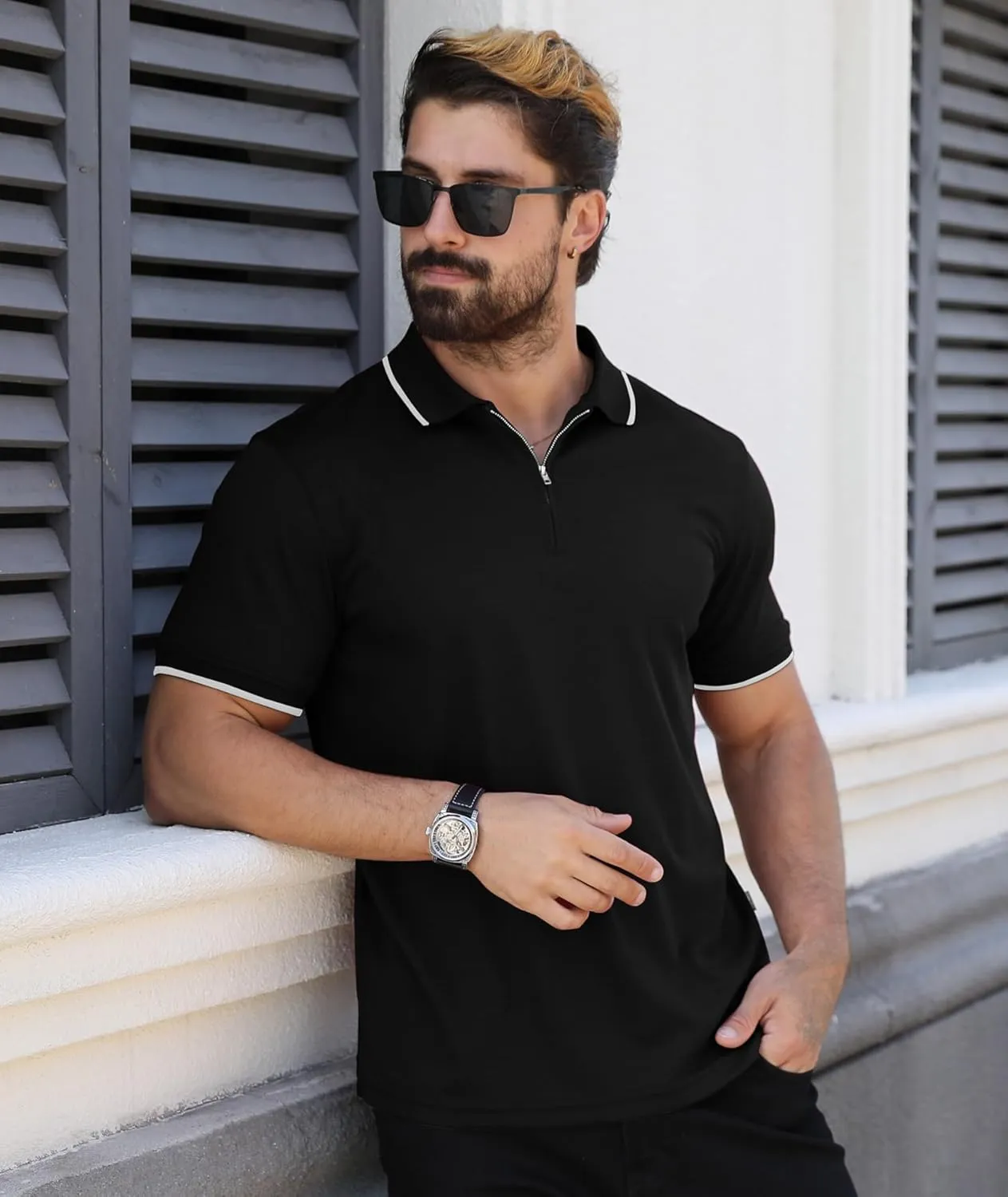 ZITY Polo Shirts for Men Quarter Zip Casual Shirts Short Sleeve Moisture Wicking Golf Polo Collared Shirts