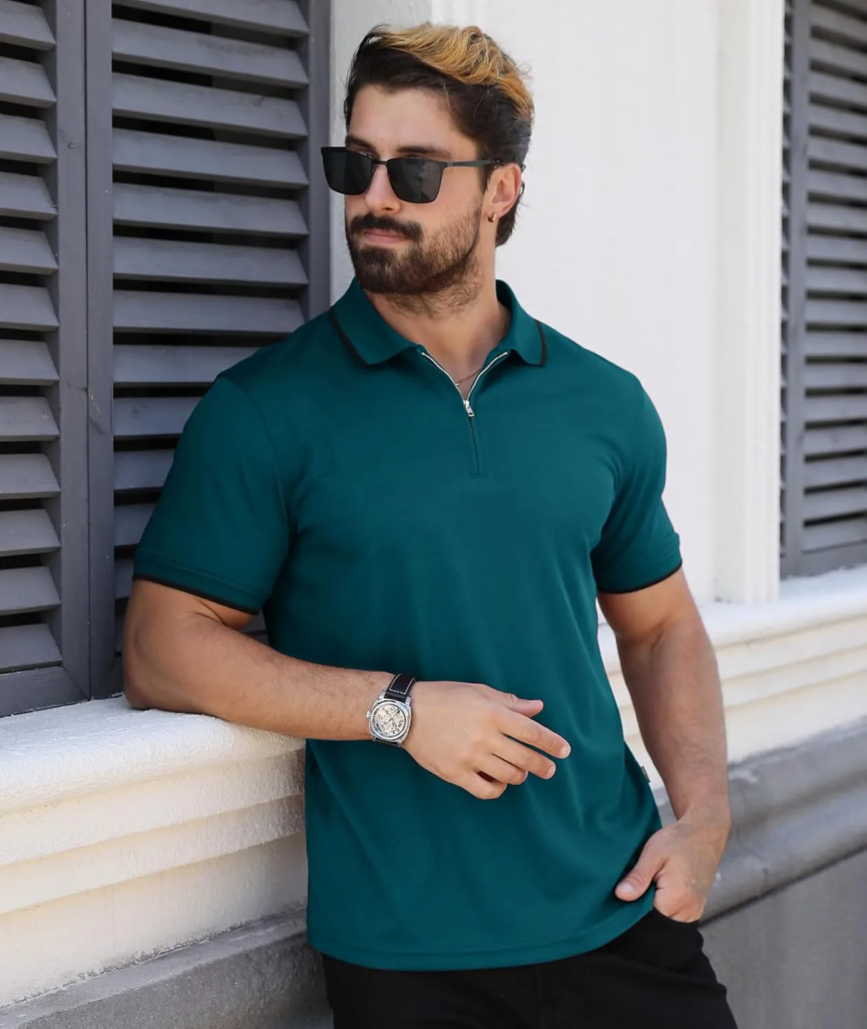 ZITY Polo Shirts for Men Quarter Zip Casual Shirts Short Sleeve Moisture Wicking Golf Polo Collared Shirts